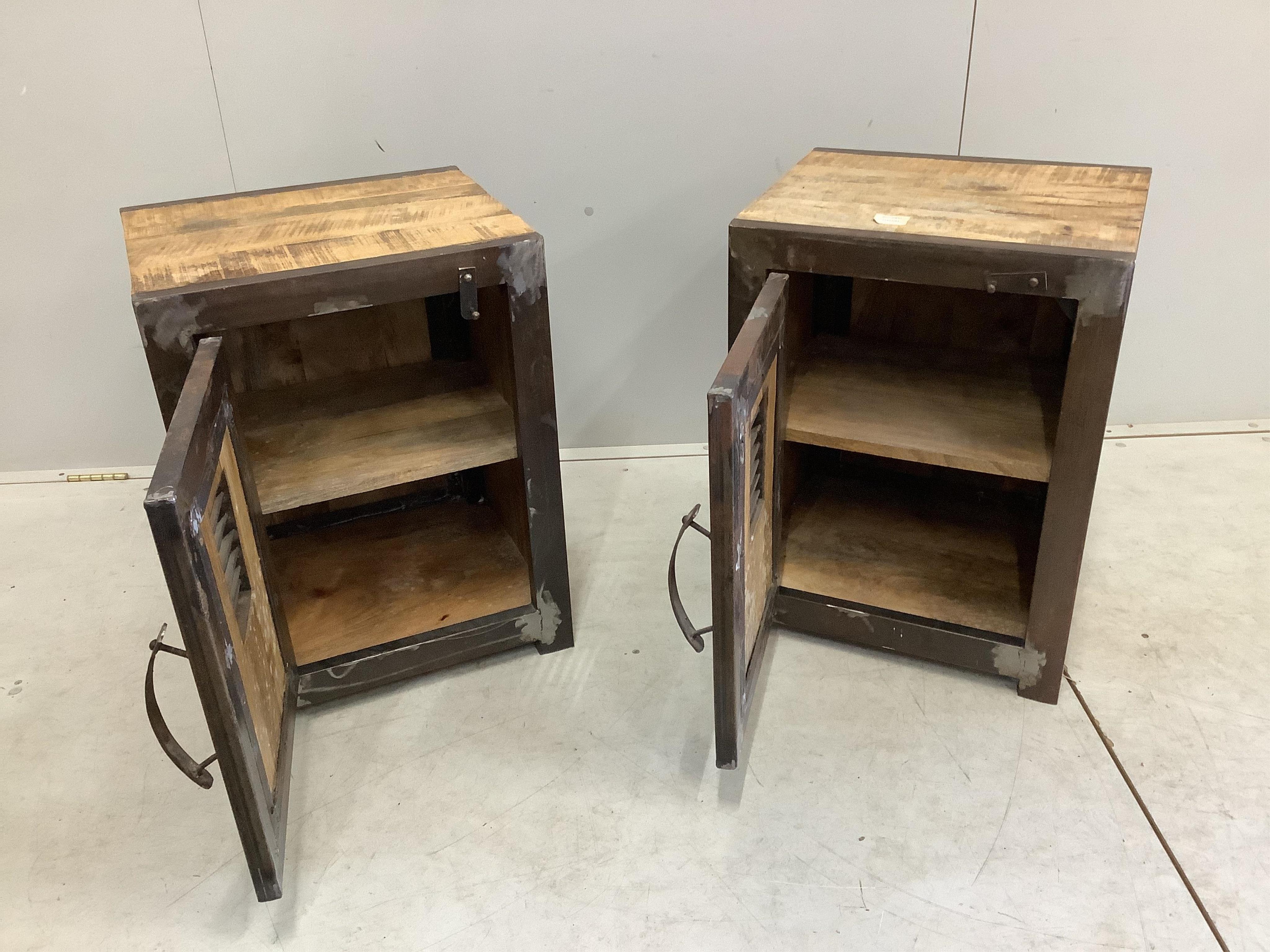 A pair of industrial style metal mounted meat safe cabinets, width 45cm, depth 39cm, height 61cm. Condition - fair